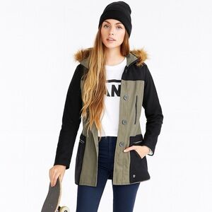 Vans Womens Green Black Wool Blend Moto Zip Front Short Coat Pockets XS Faux Fur